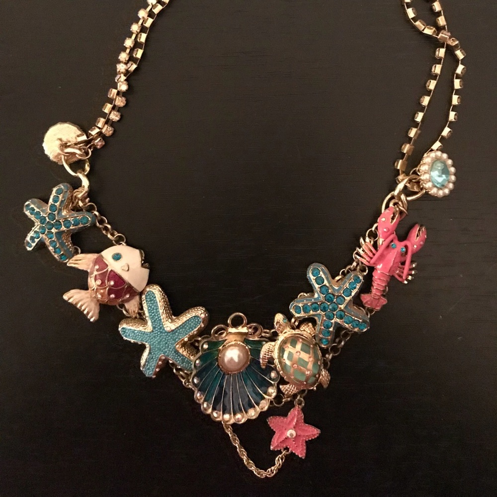 Betsey Johnson Gold-tone Beach Charm Necklace with Teal, Pink and Blue Accents